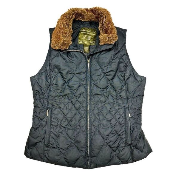 Eddie Bauer Goose Down Quilted Puffer Vest Detachable Faux Fur Collar Medium - Picture 1 of 14
